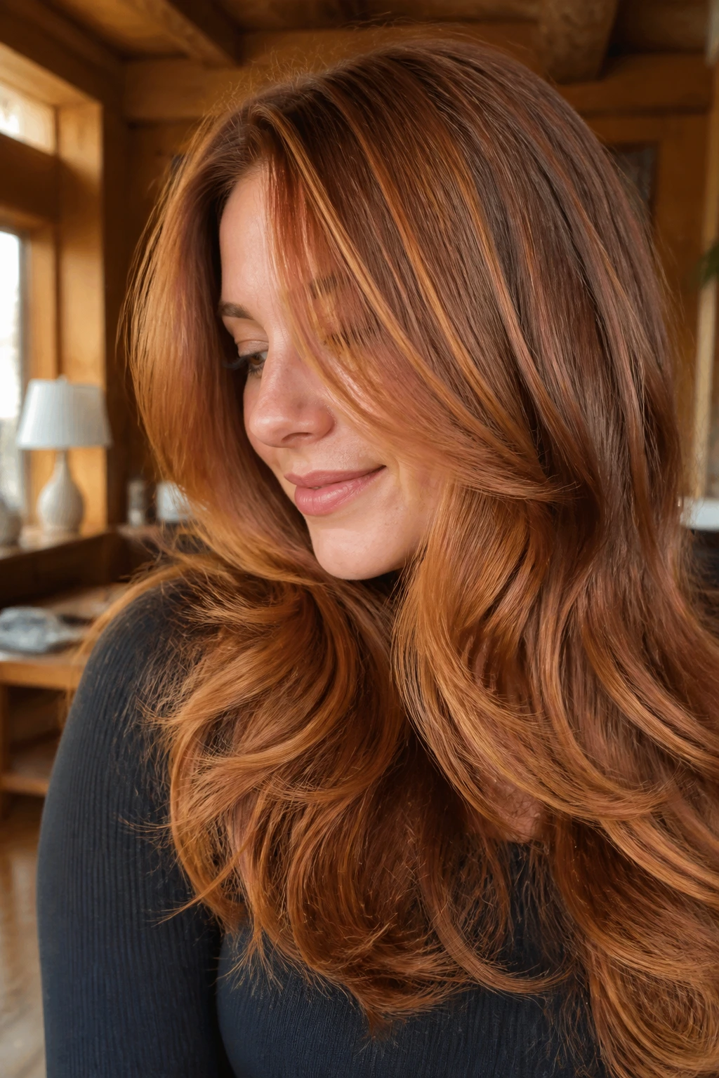 Close-up of a real woman with maple copper layered hair in warm light.