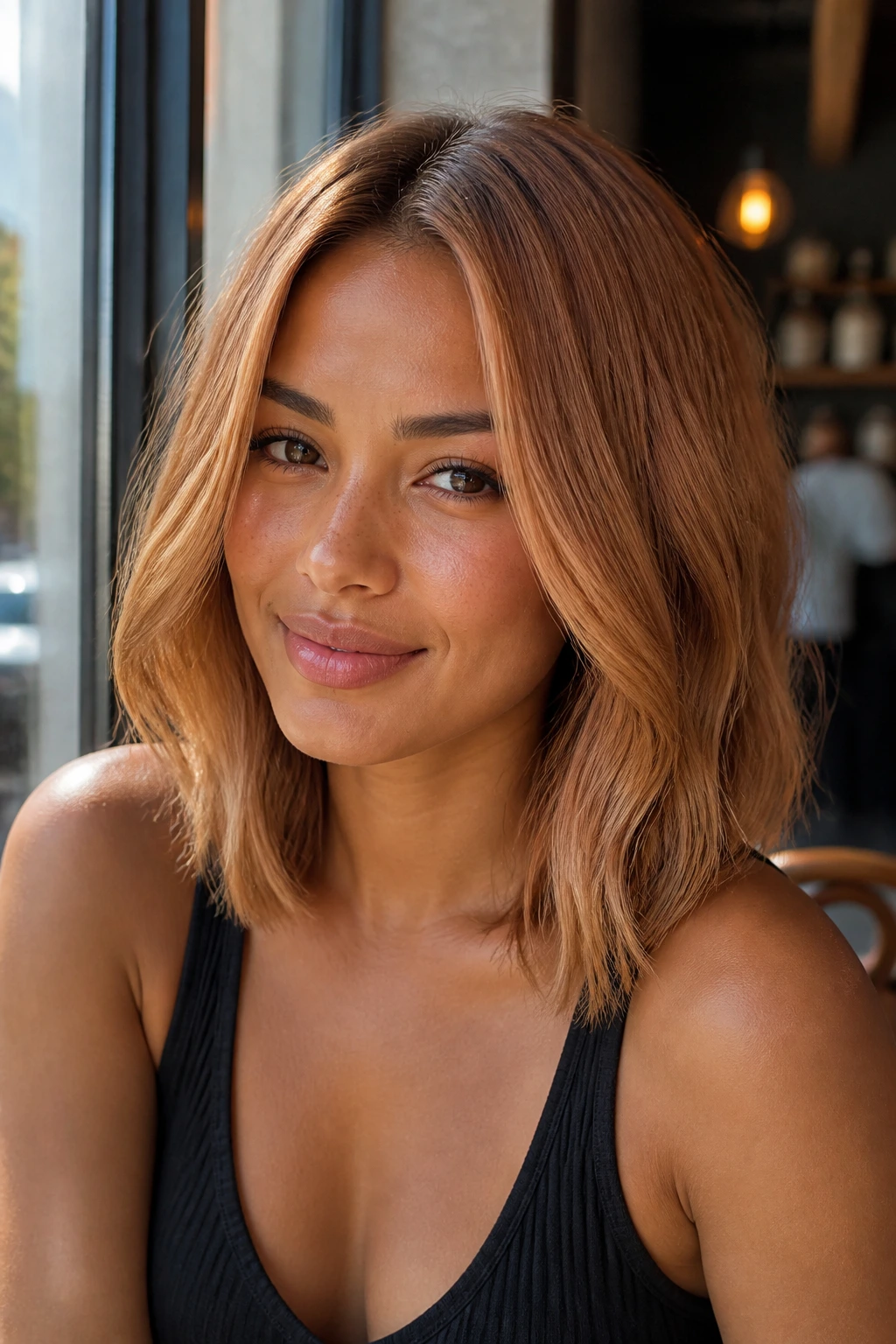 Close-up of a real woman with maple copper lob hairstyle in warm cafe window light