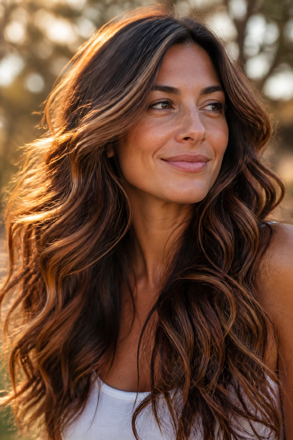 Thick wavy brunette with maple-copper ribbons close-up