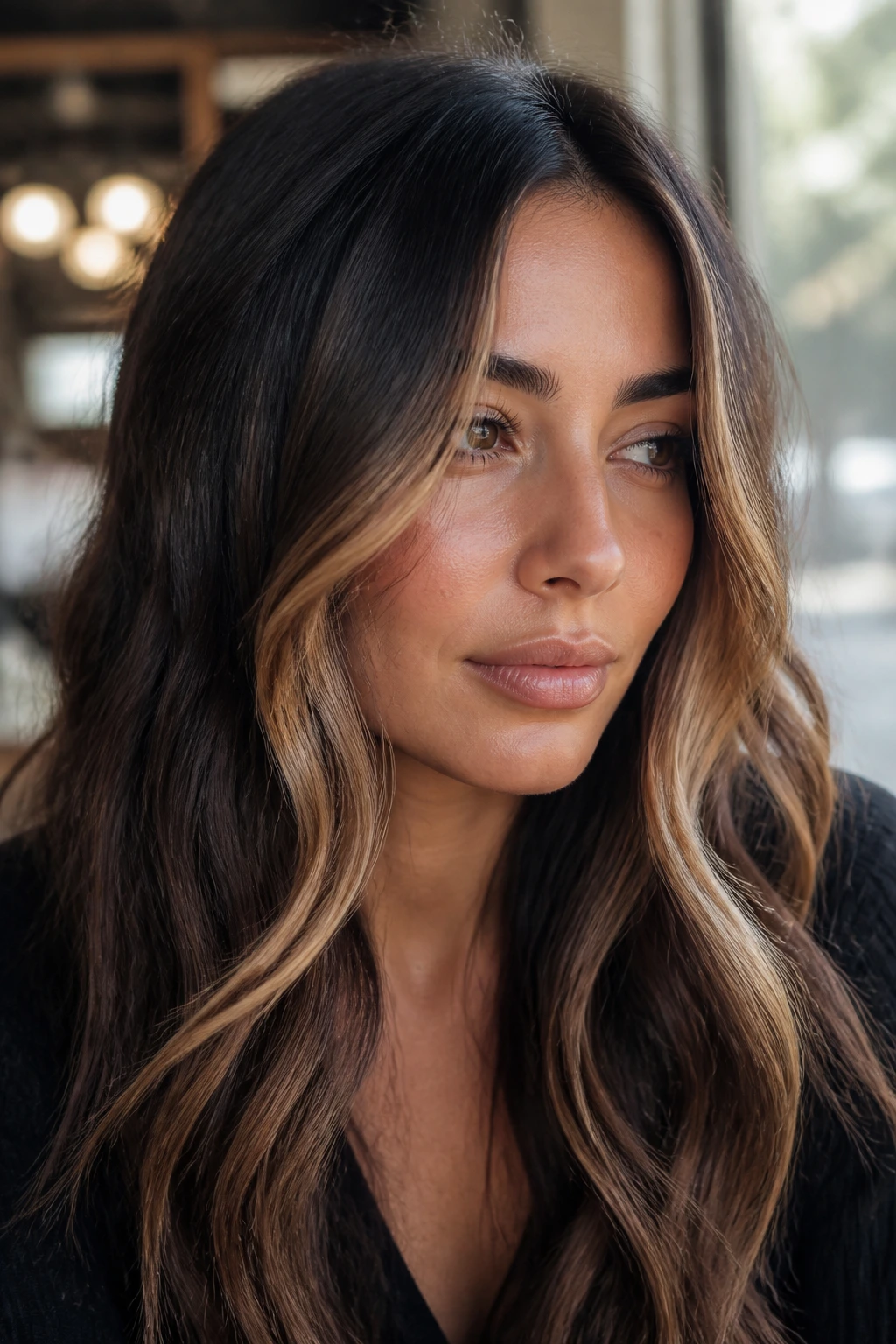Close-up of a real woman with dark brunette base and maple cream face frame