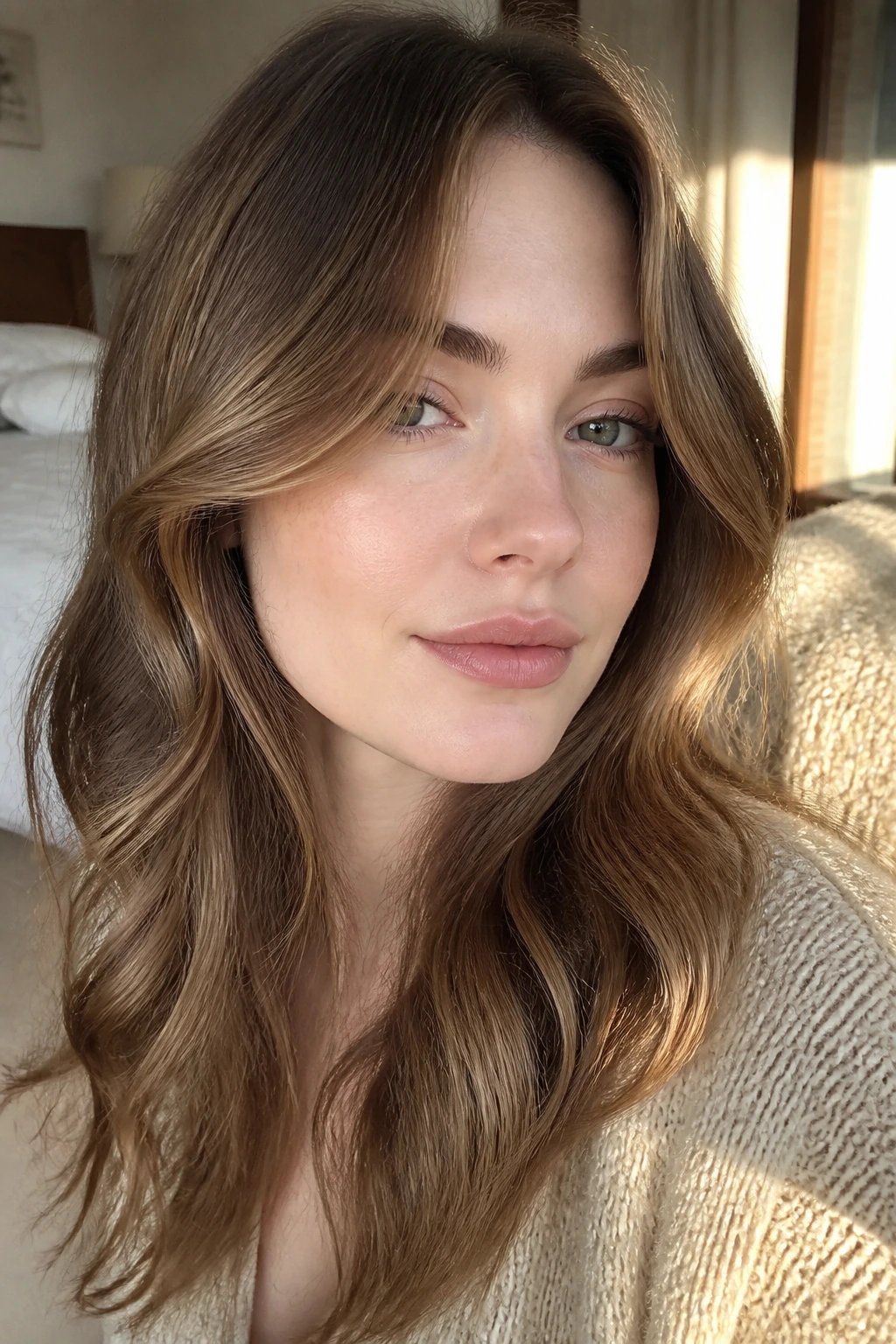 Close-up of a real woman's hair showing maple brown curtain sweep framing the face in a sunlit bedroom.