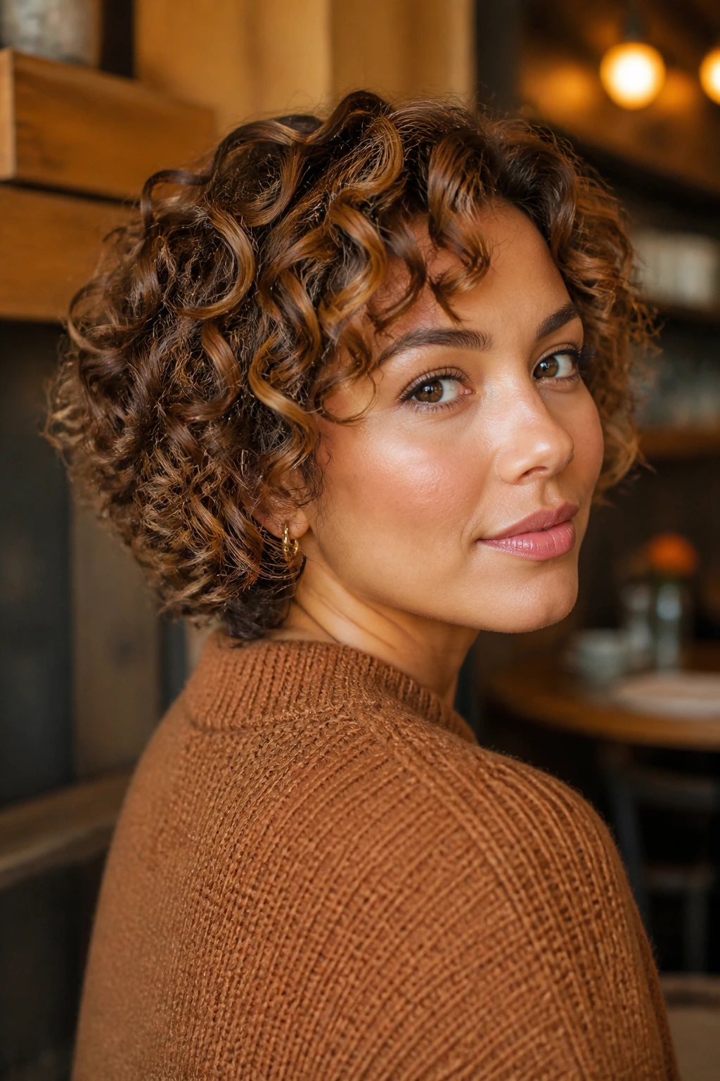 Close-up of a real woman's short curls with maple drizzle highlights