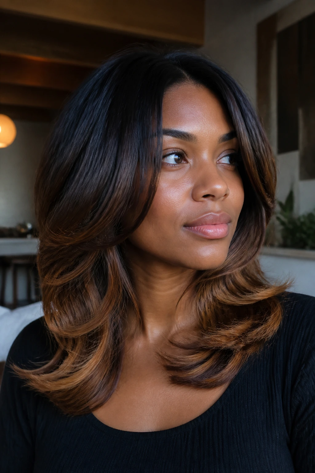 Real person with layered brunette hair and maple-toned ends.