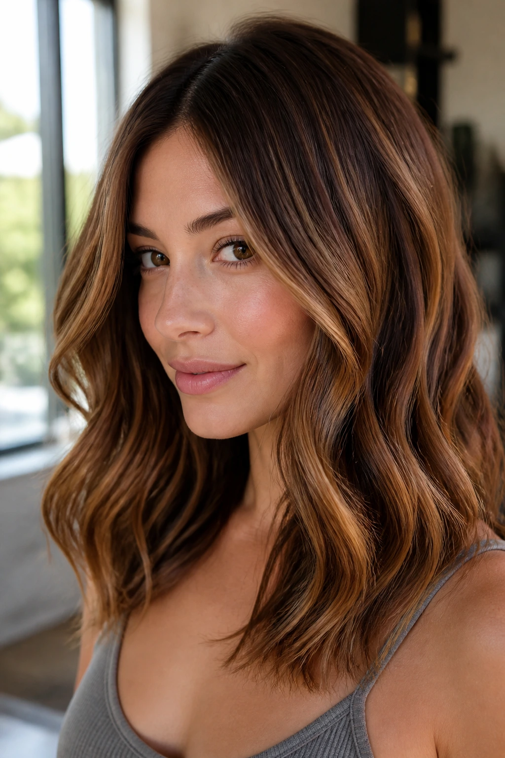 Close-up portrait of a real woman with maple glaze balayage and glossy amber-brown ribbons