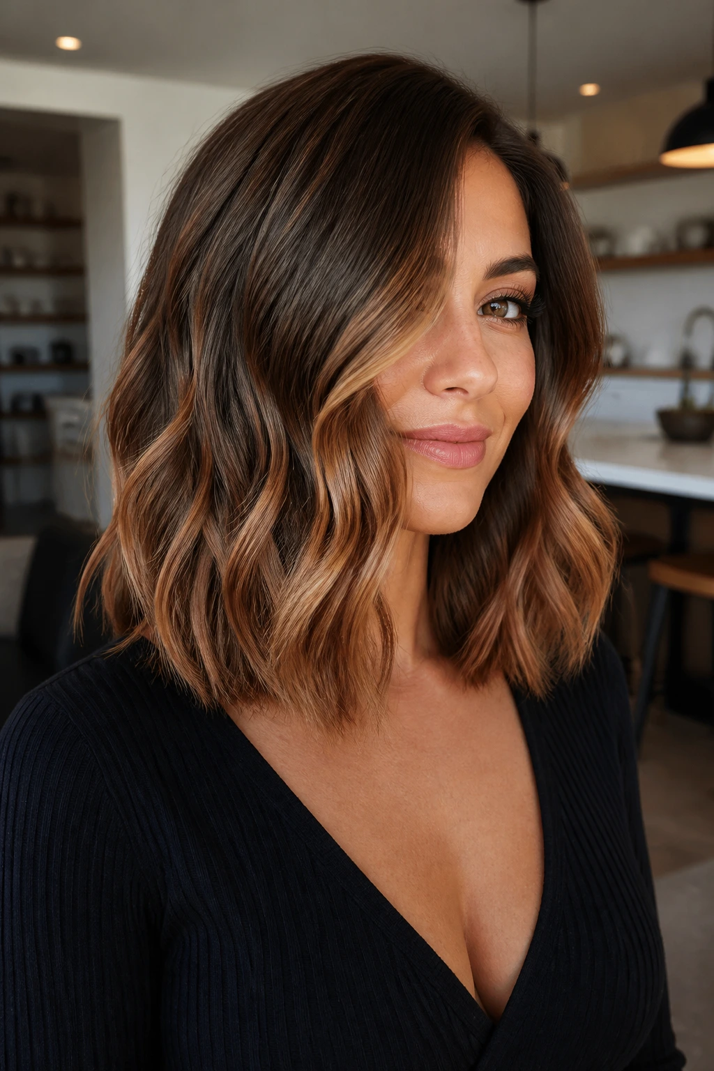 Medium close-up of a real woman with maple glaze balayage on a shoulder-length lob