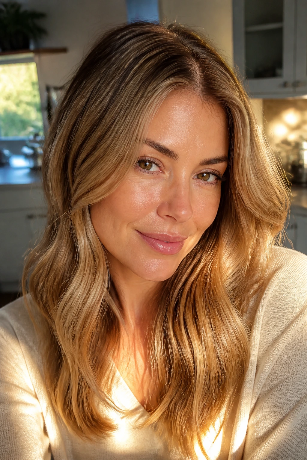 Maple glaze blonde with deeper root and warm amber glaze on real woman's hair