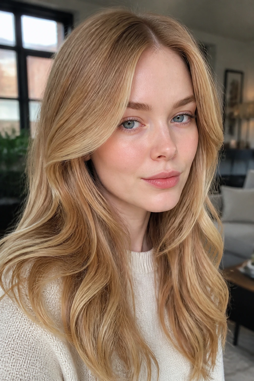 Close-up portrait of a real woman with maple glaze blonde hair and glossy amber tones