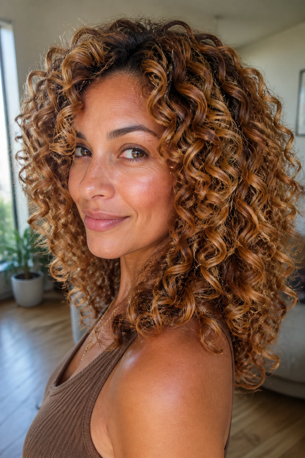 Close-up of a real woman with maple-glaze curls and warm honey-amber brown tones