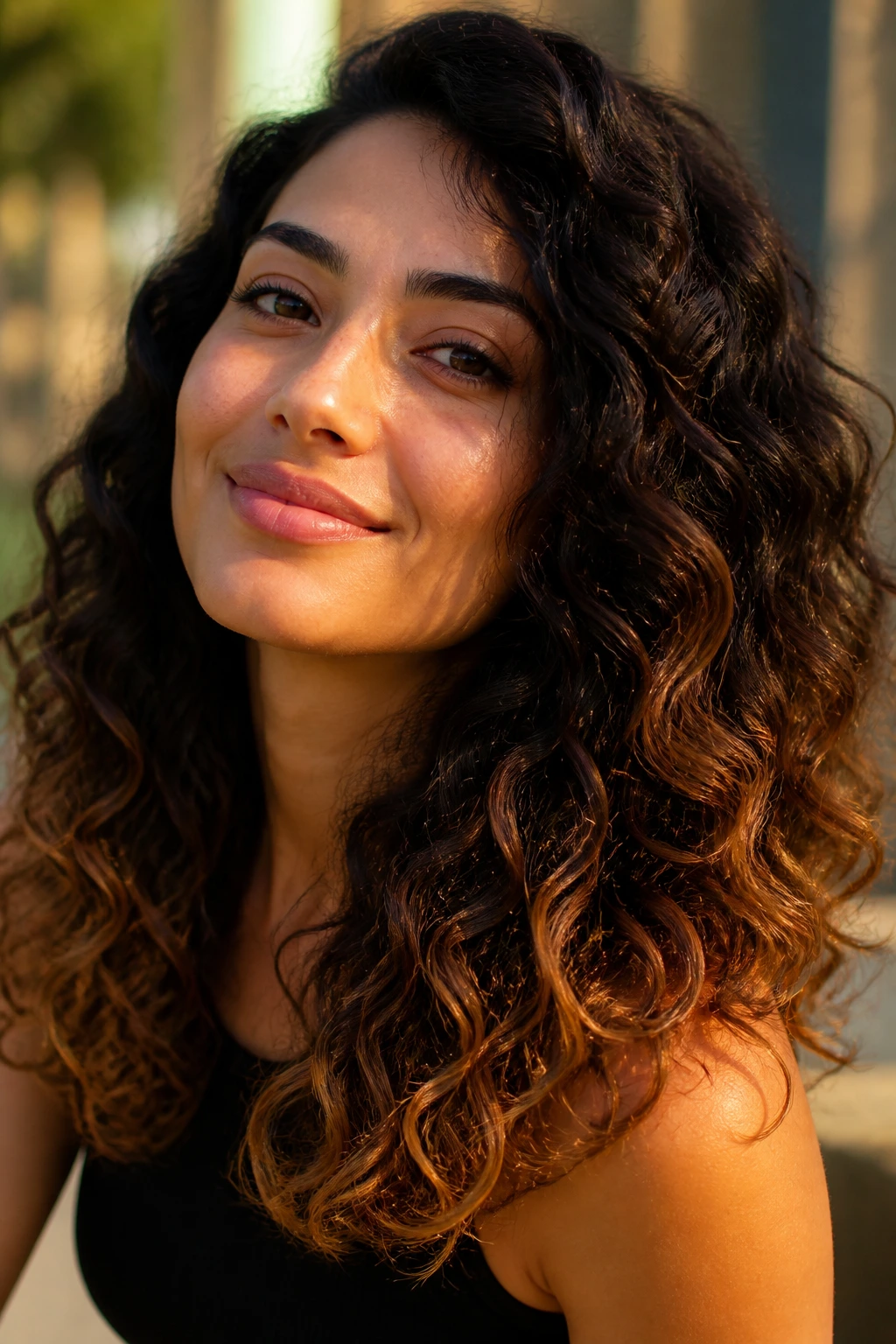 Close-up portrait of a real woman with warm maple glaze ends on curly hair in golden-hour sunlight