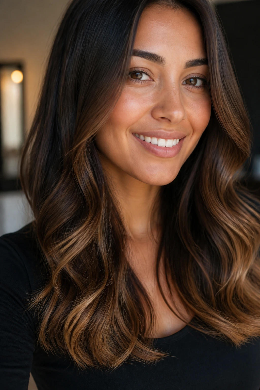 Close-up of a real woman with maple glaze ends on brunette hair