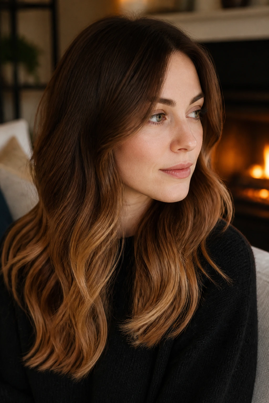 Close-up portrait of a real woman with maple glaze ends hair