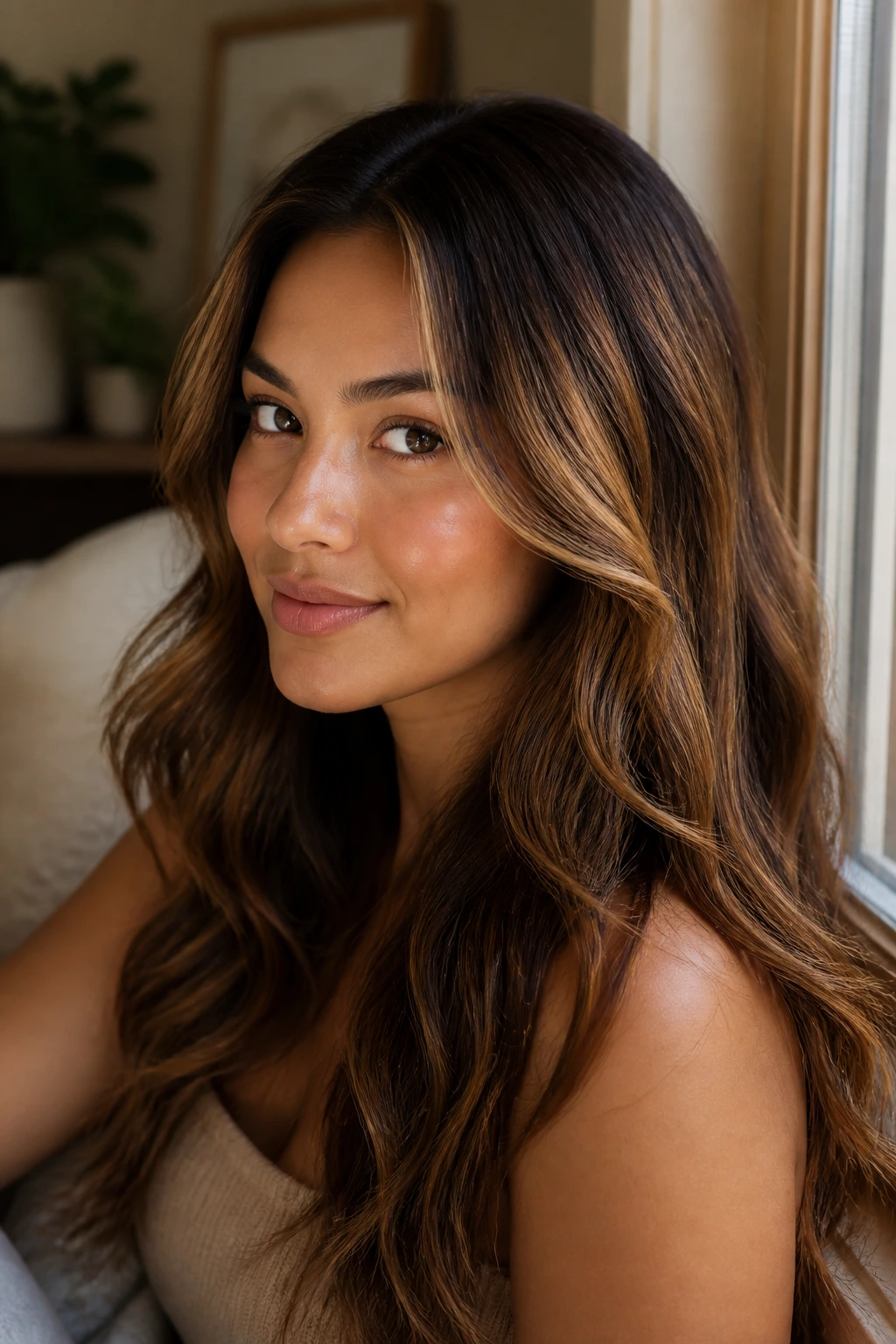 Portrait of a real woman with maple glaze highlights on medium skin