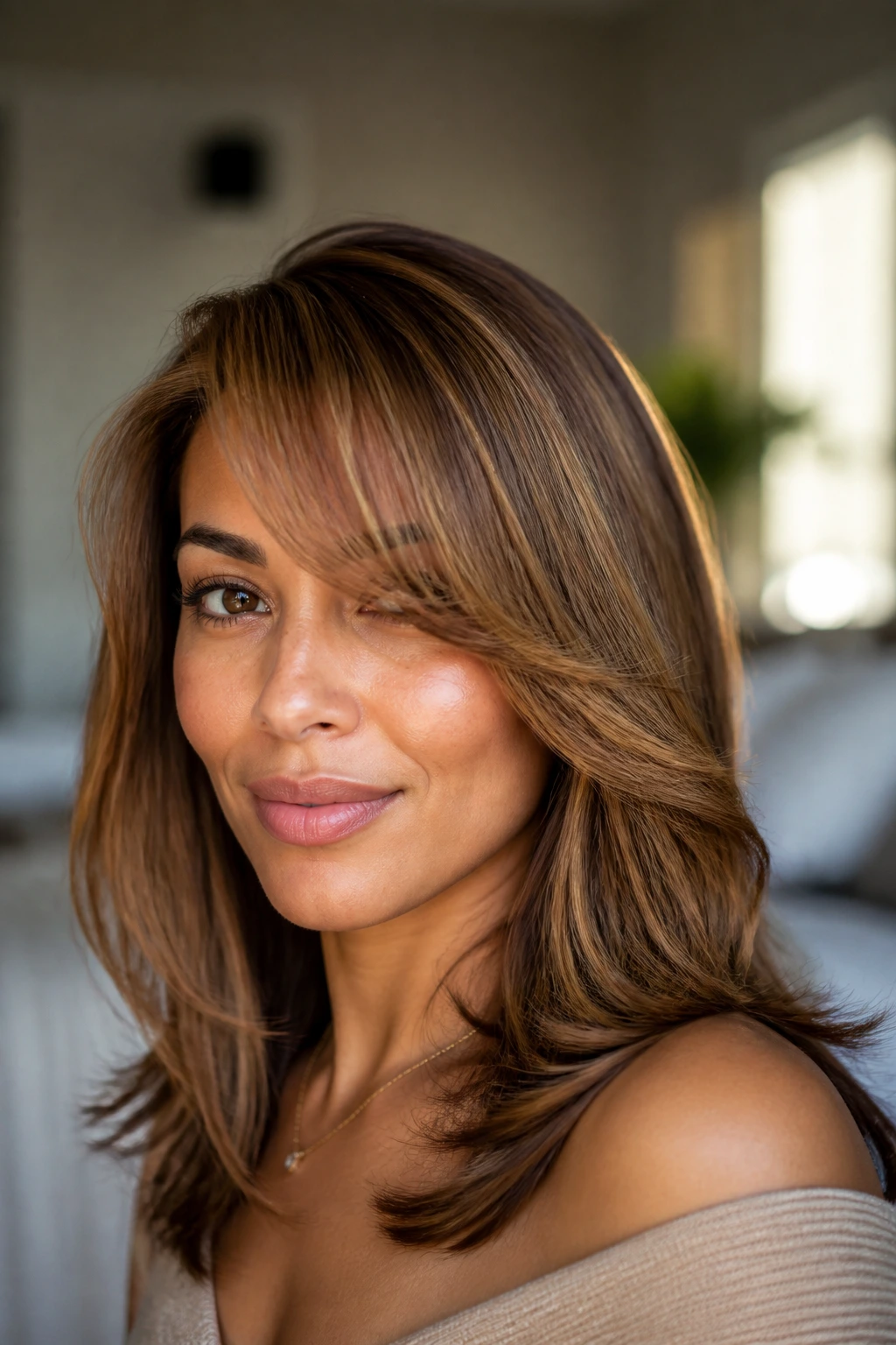 Real woman with maple glaze highlights on tan skin.
