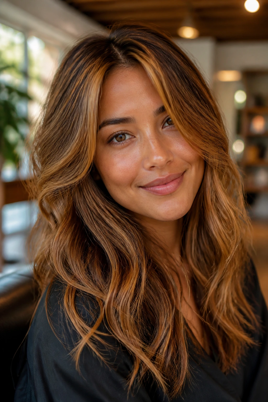 Close-up portrait of a real woman with Maple Glaze Highlights and warm golden-brown hair