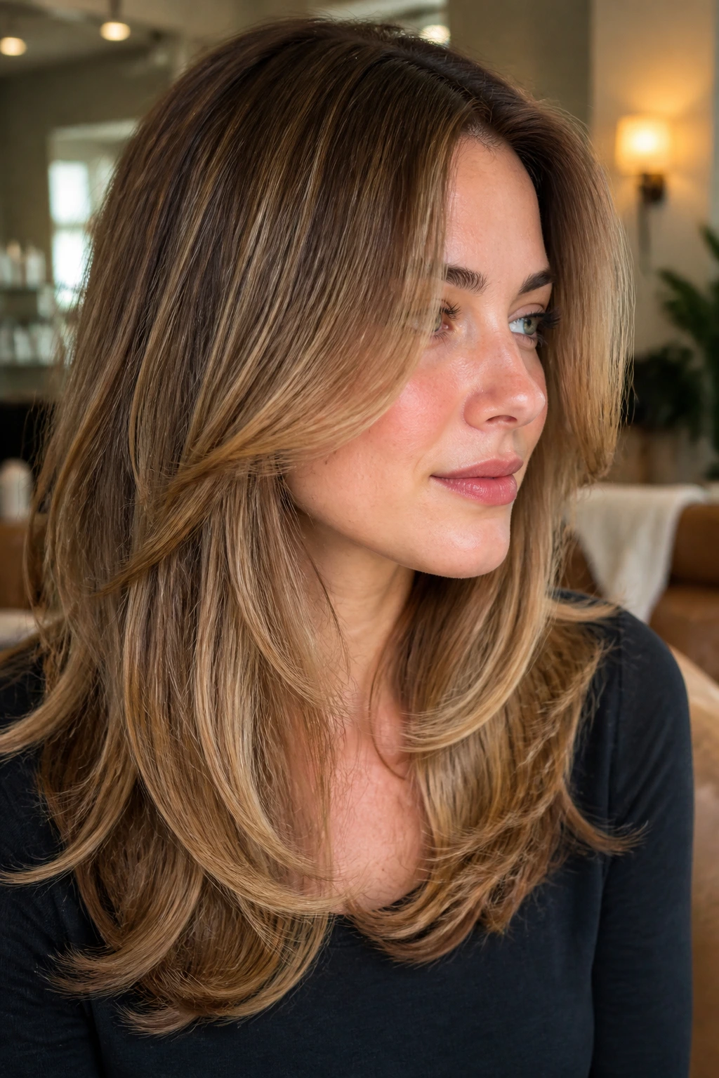 Portrait of a real woman with Maple Glaze Layers featuring maple-brown highlights and glaze.