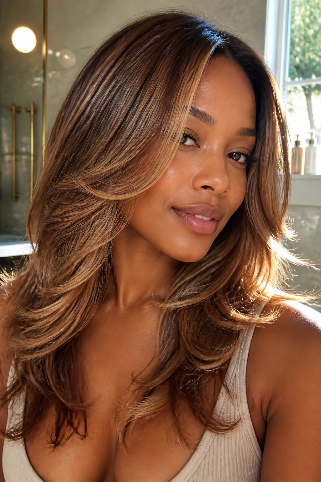 Close-up of layered hair with maple glaze color on a real person