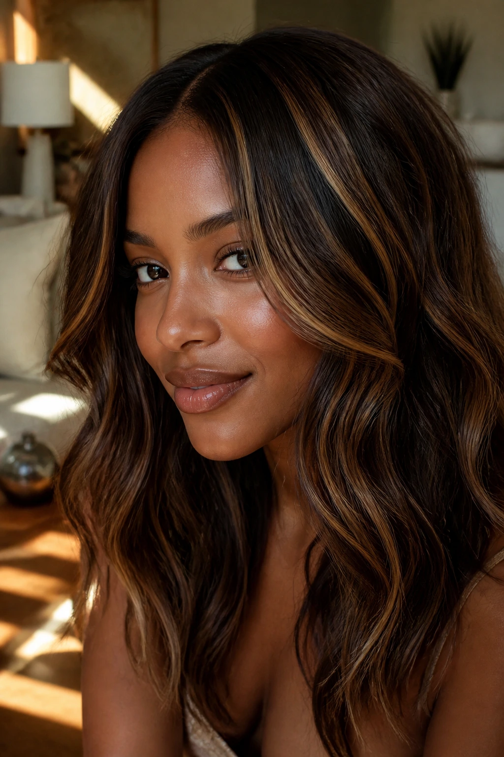 Portrait showing maple glaze ribbons in brunette hair around the face