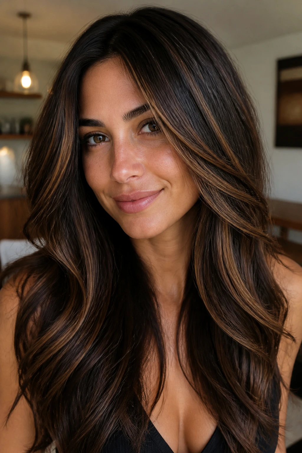 Close-up of maple glaze ribbons on dark hair