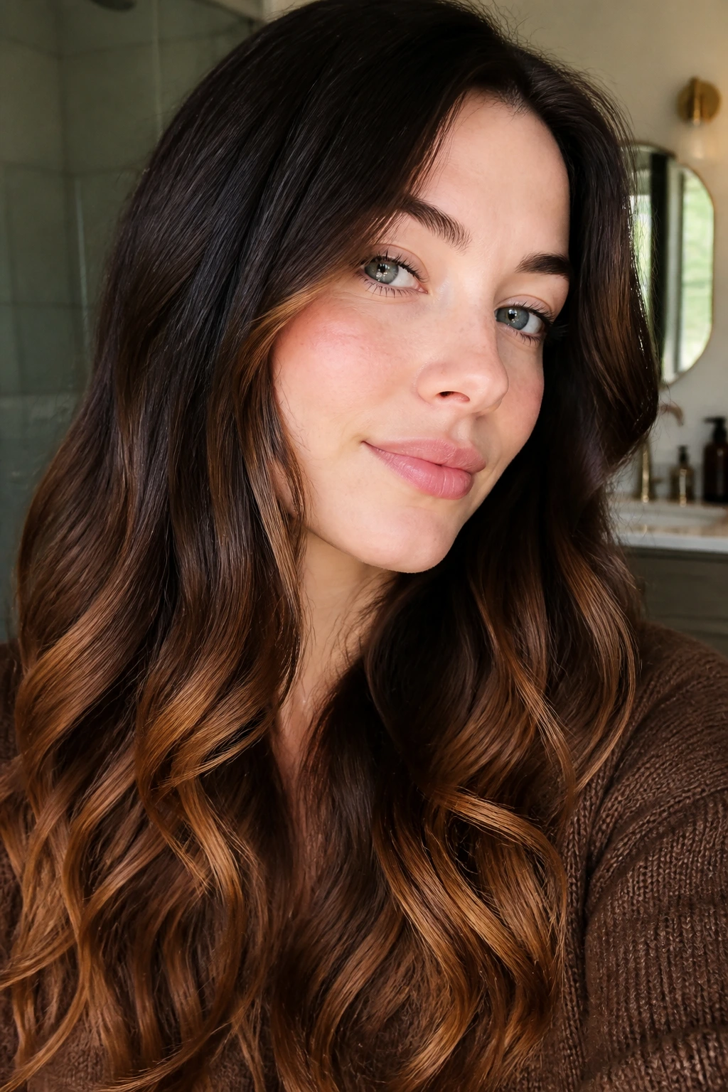 Hair with maple glaze tips giving a warm brown glow at the ends on pale skin.
