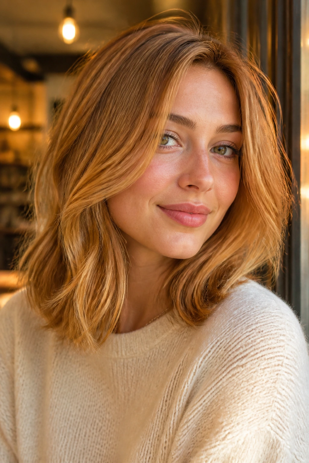 Close-up of real woman's hair in Maple Gold Midlength