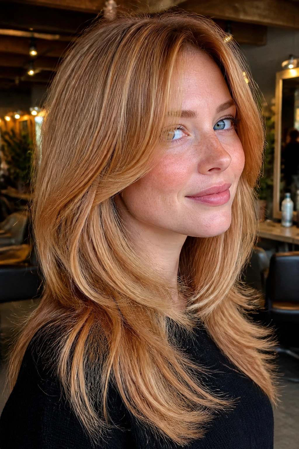 Close-up portrait of a real woman with maple gold strawberry layered hair, filling the frame.