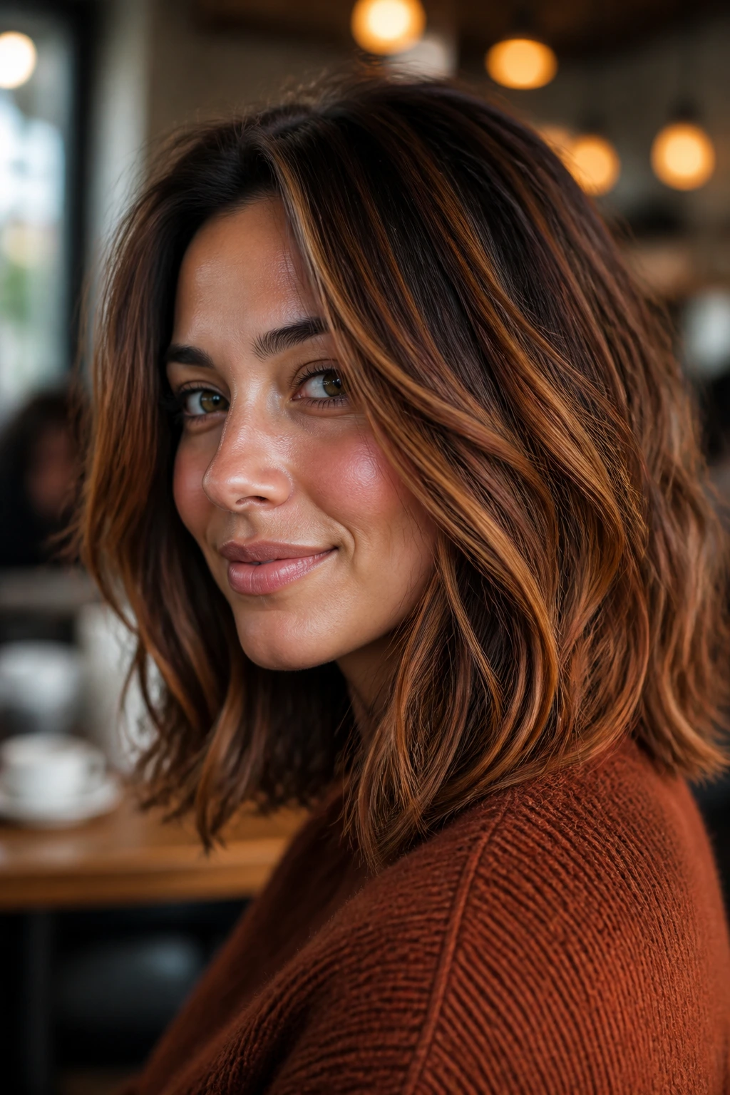 Real person with shoulder-length hair showing maple highlights