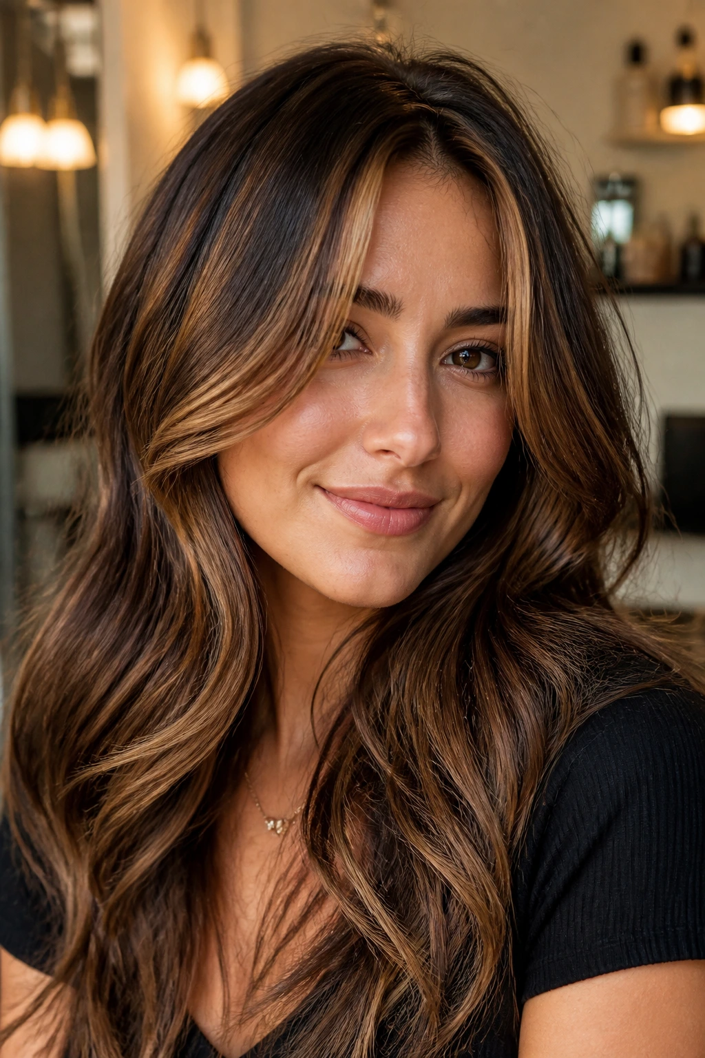 Portrait of a person with thick hair and maple highlights around the face