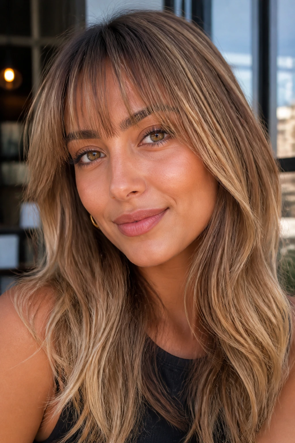 Close-up of real woman with maple honey wispy fringe by cafe window light
