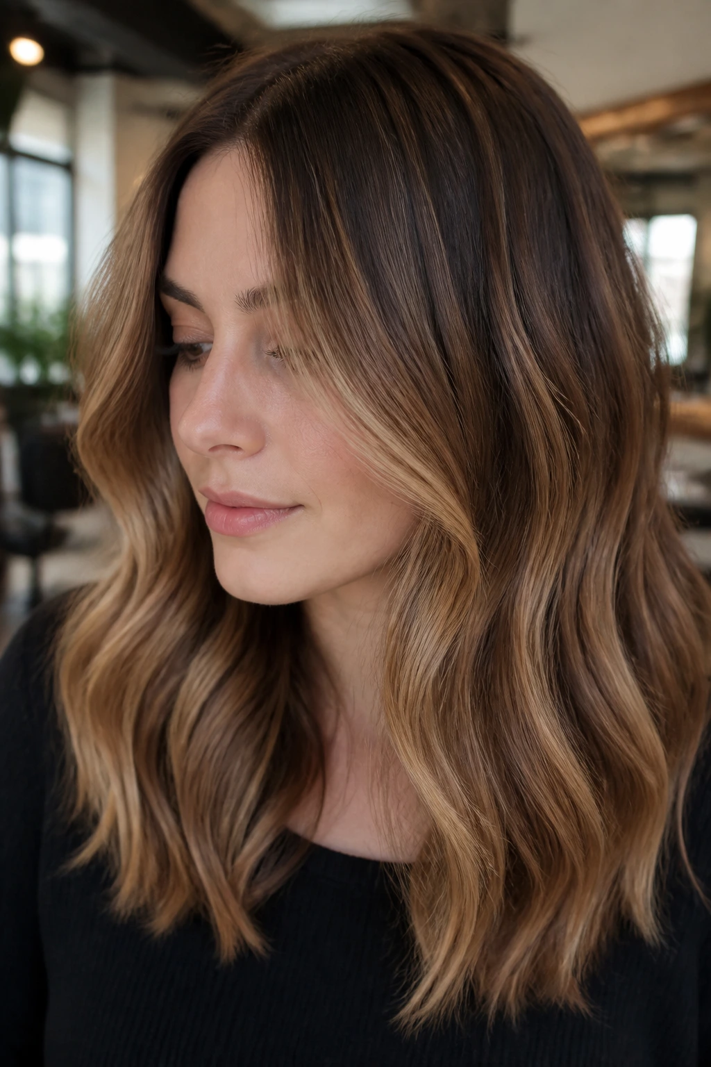 Portrait of a real woman with maple latte balayage featuring caramel-boosted mid-lengths and lighter ends.