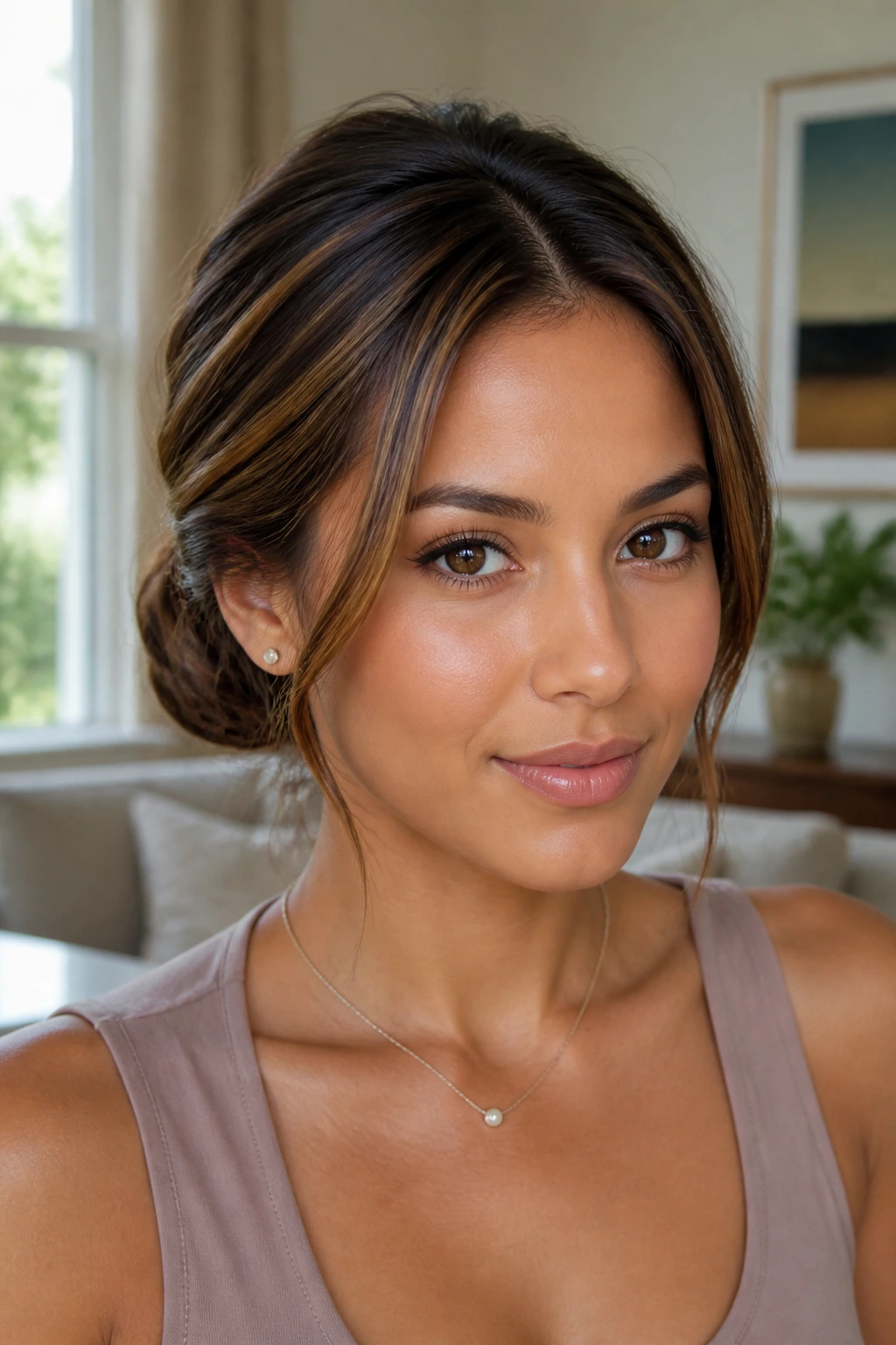 Close-up of a real woman with maple low bun and maple streaks.