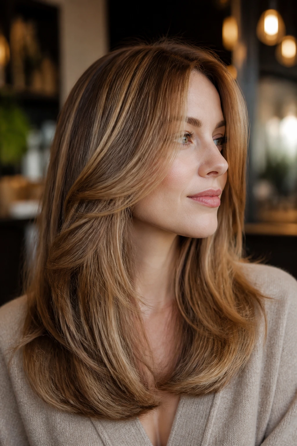 Close-up of maple lowlights with amber veils on a real woman