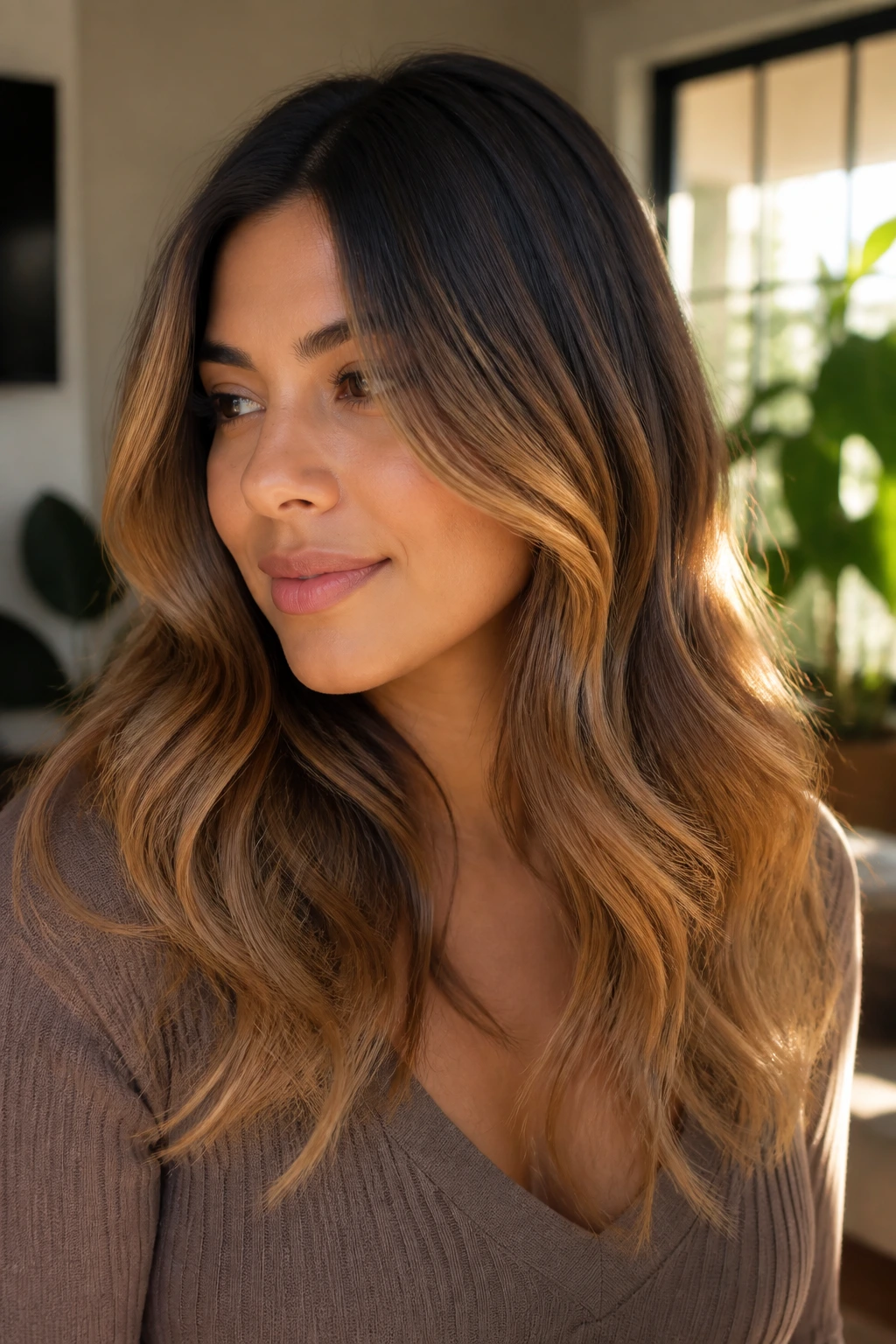 Medium-close portrait of a real woman with maple melt balayage transitioning to maple-gold.