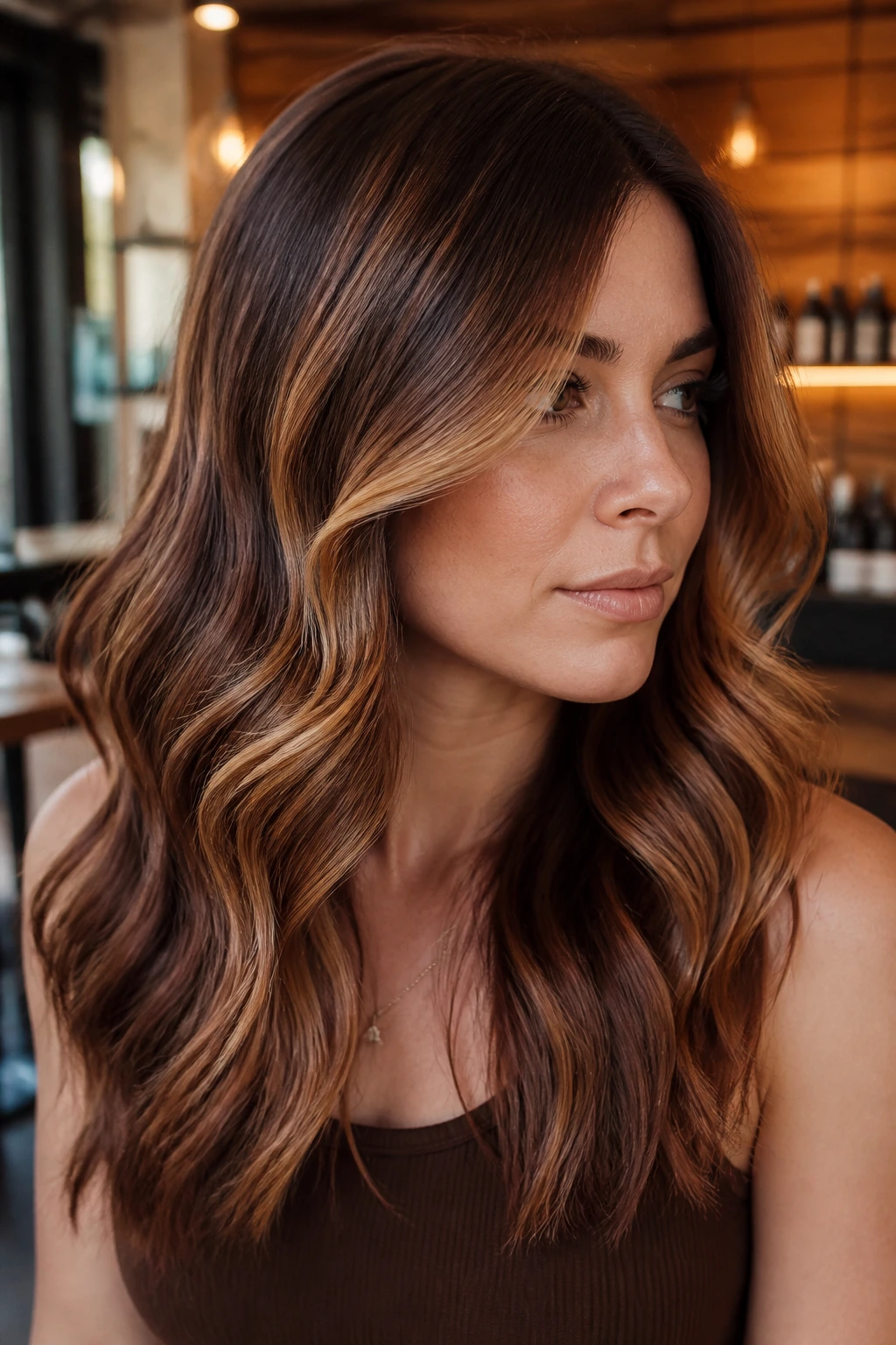 Portrait of a real woman with maple mocha balayage and golden depth.