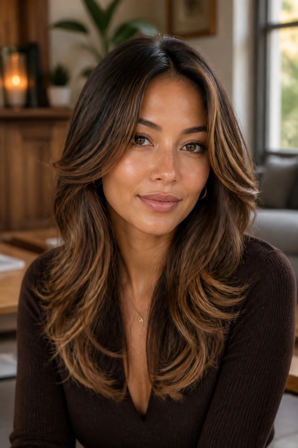 Real woman with Maple Mocha Layers hair in a warm indoor portrait