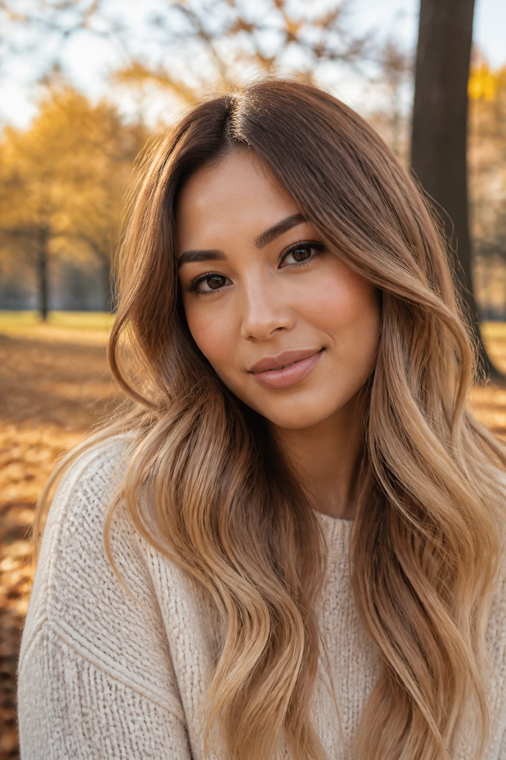 Close-up portrait of a real woman with maple brown-to-blonde ombré in natural light