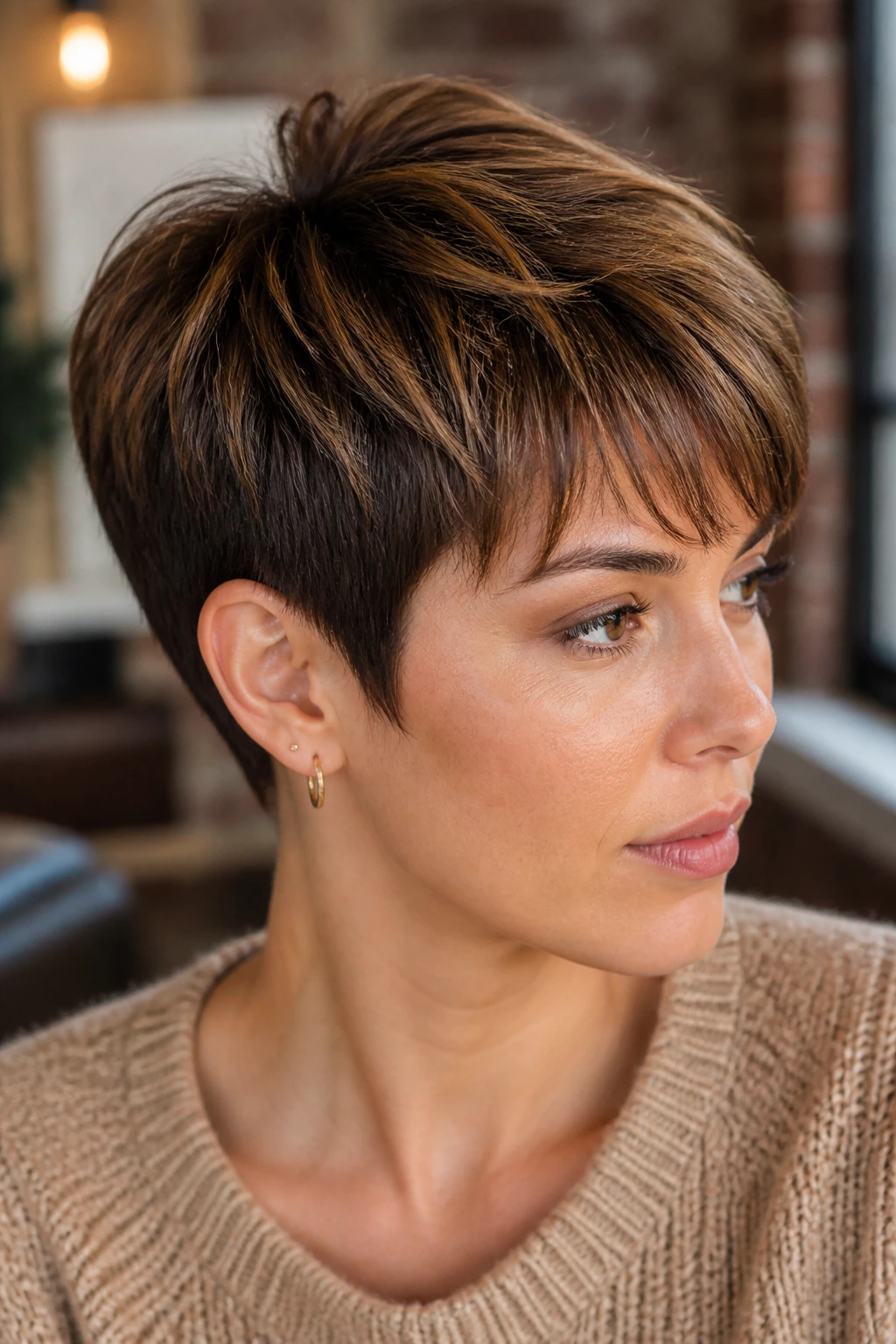 Portrait of a woman with maple pixie and soft depth