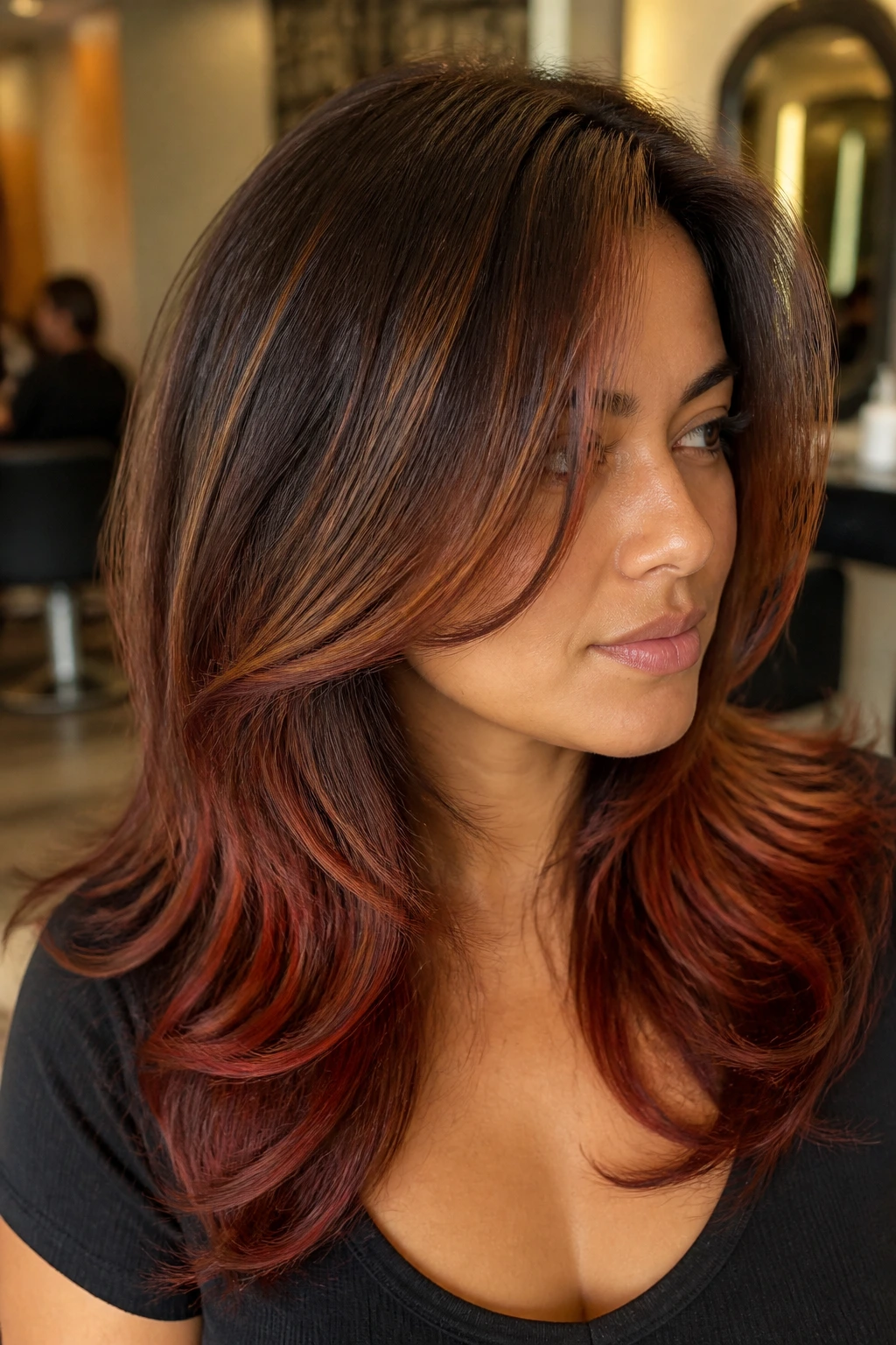 Hair with maple red dimension on layered cut under warm lighting