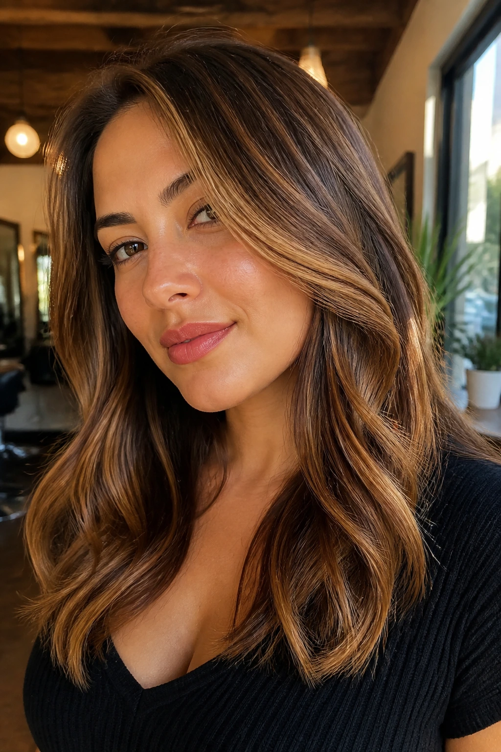 Close-up portrait of a real woman with maple ribbon highlights in mid-length hair