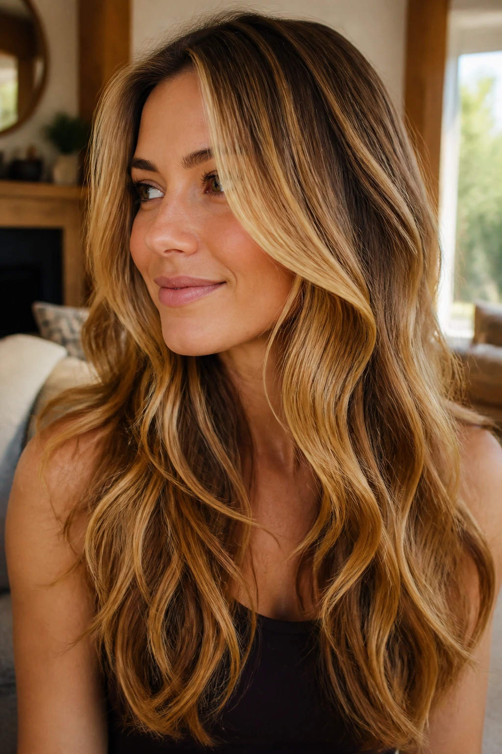 Close-up of a real woman with maple ribbon highlights through long layers