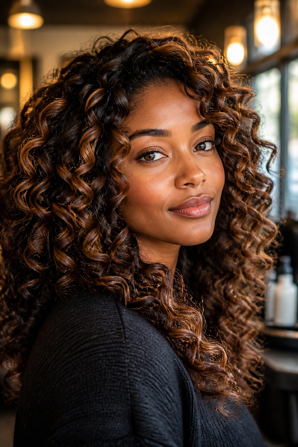 Close-up of a real person with maple ribbons on a dark base in curls.