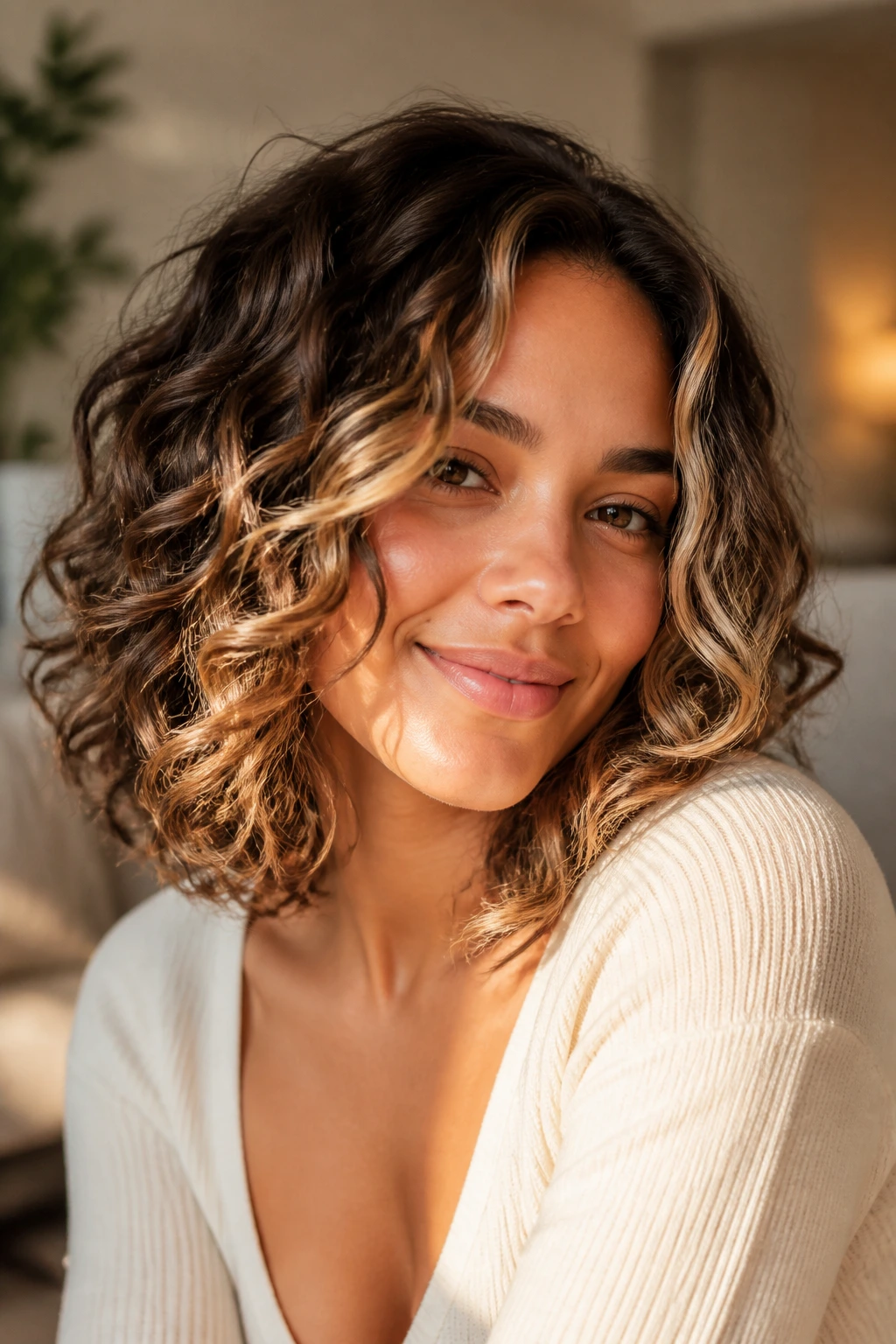Real woman with maple and pearl ribbons in shoulder-length curls, warm sunlight