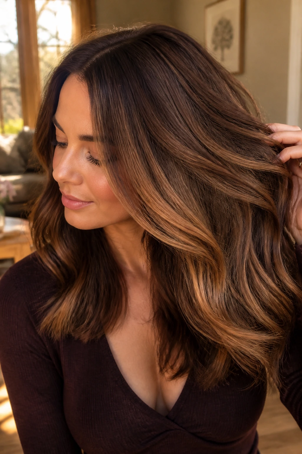 Close-up of maple sugar peekaboo highlights under brown hair on a real woman