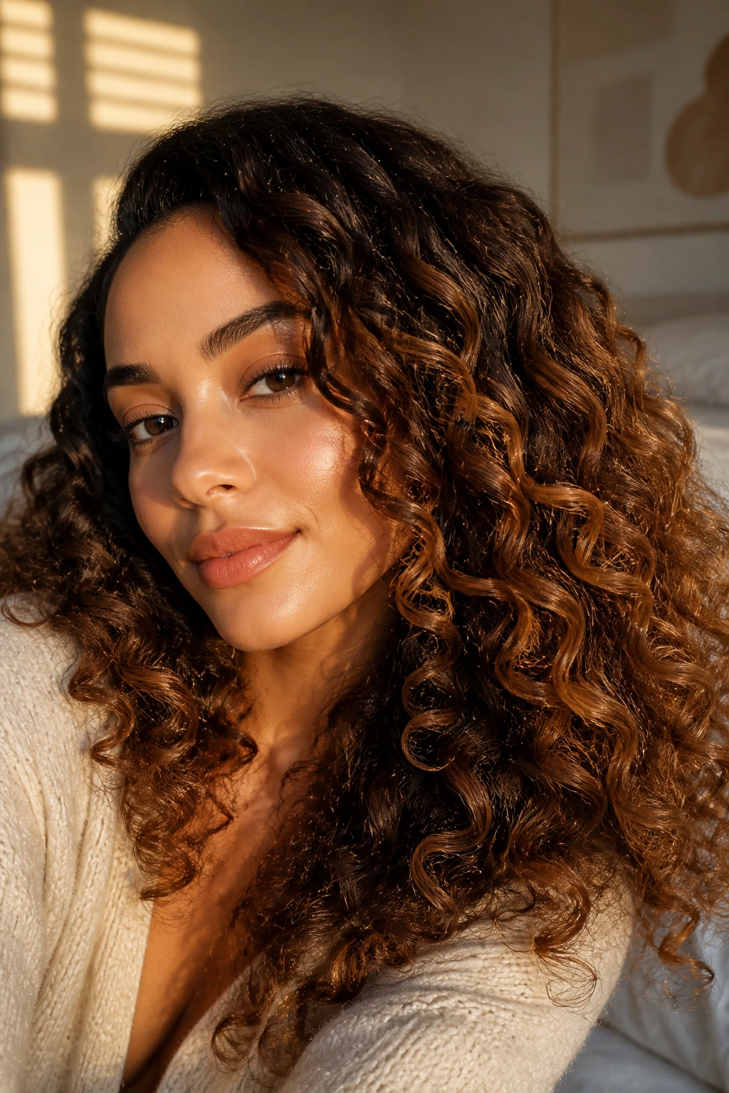 Close-up of maple syrup balayage on long curly hair.
