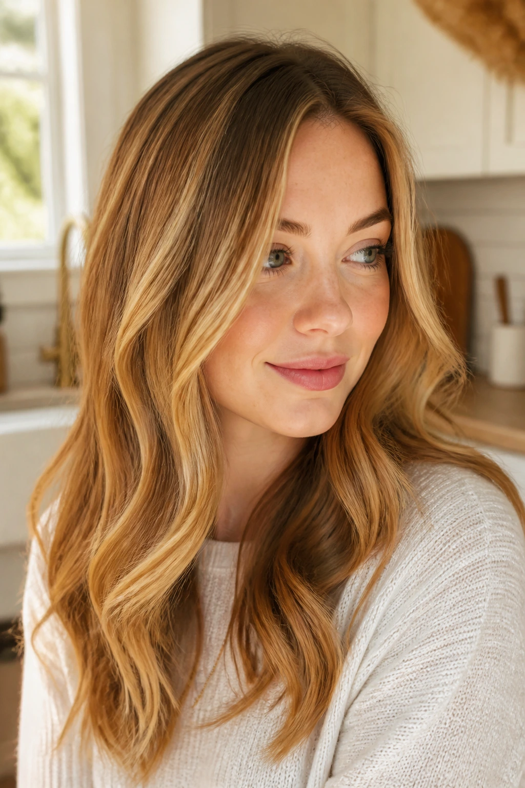 Portrait of a woman with maple syrup blonde against warm kitchen light