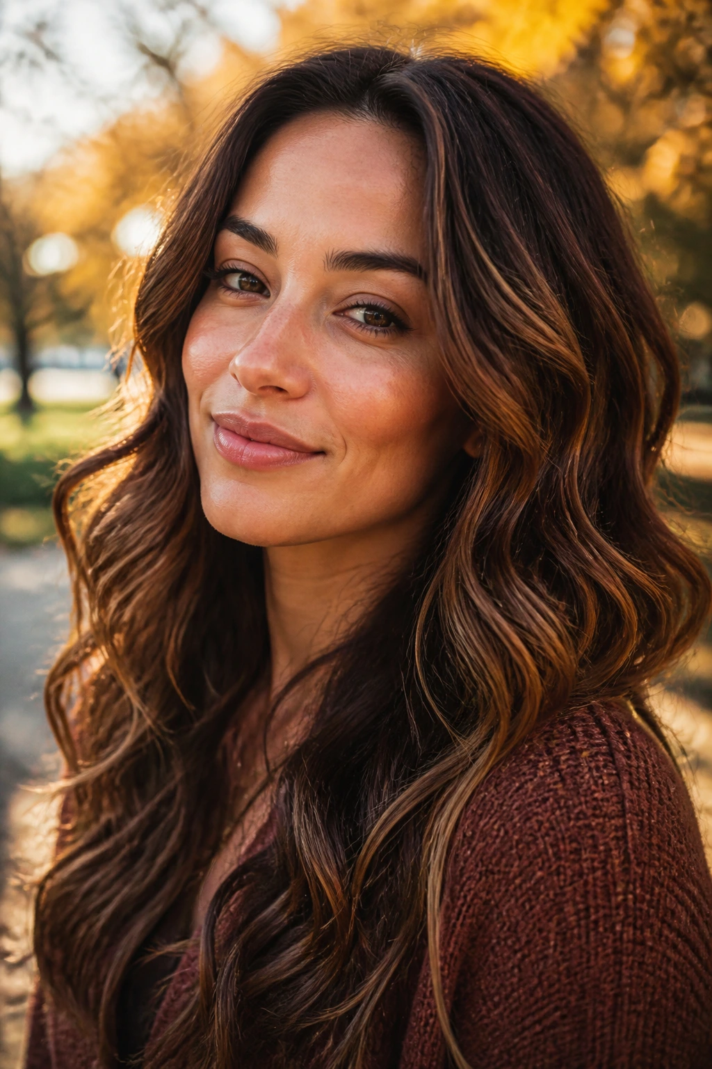 Close-up of a real woman with Maple Syrup Brunette hair—amber highlights.