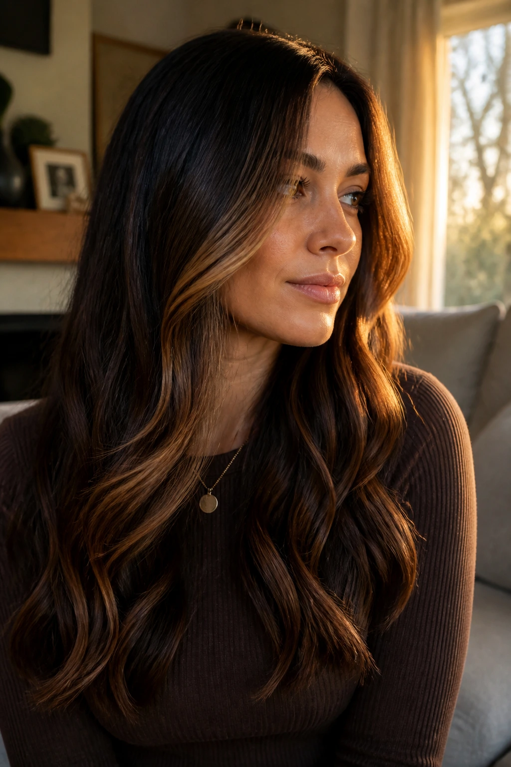 Close-up of a real woman with maple syrup face-framing highlights on long wavy hair