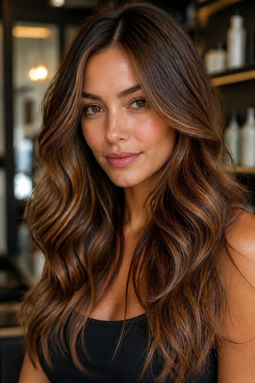 Close-up portrait of brunette hair with maple syrup gloss highlights