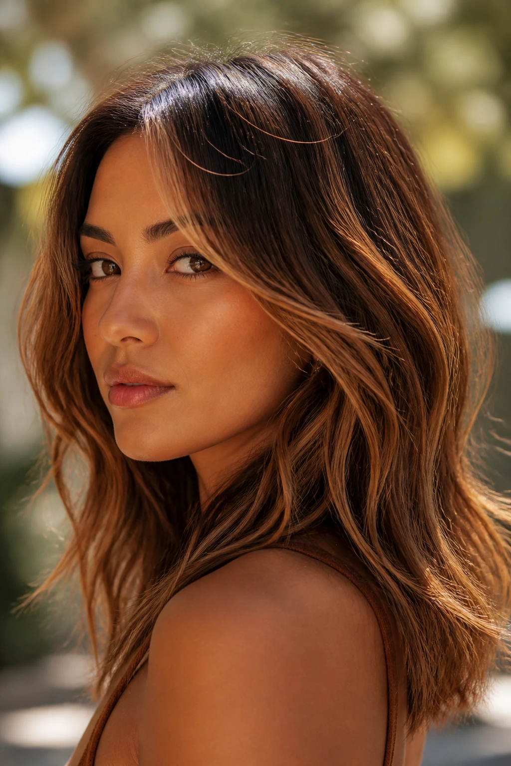 Close-up of a woman with maple syrup amber-brown threads in textured hair