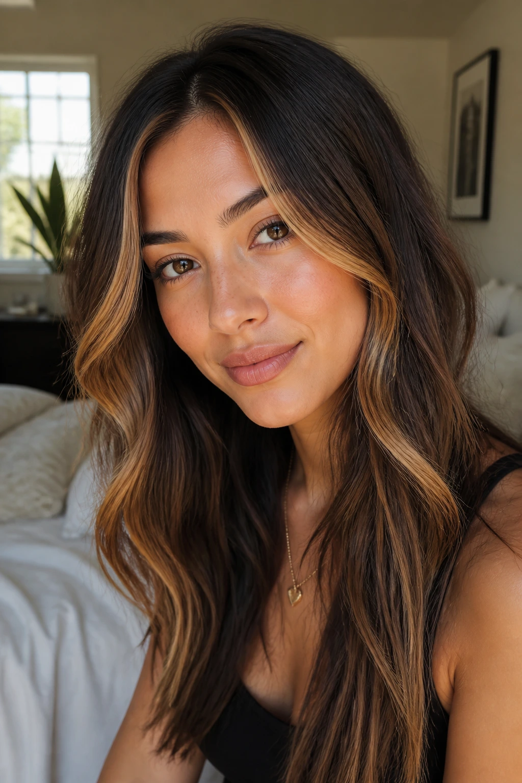 Close-up portrait of a real woman with maple syrup halo highlighting around the face on dark hair