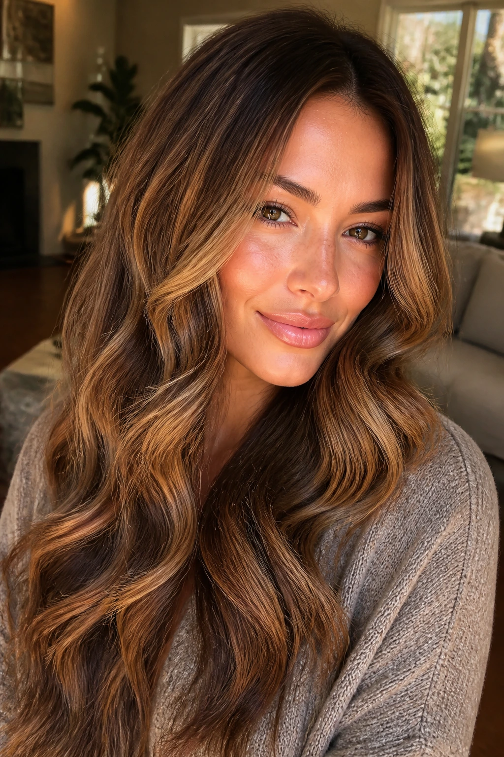 Close-up of brunette with thick glossy waves in maple syrup honey tones.